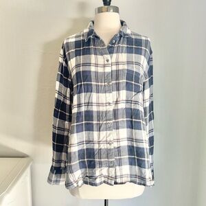 Treasure & Bond Blue White Boyfriend Long Sleeve Flannel Shirt, Size Medium